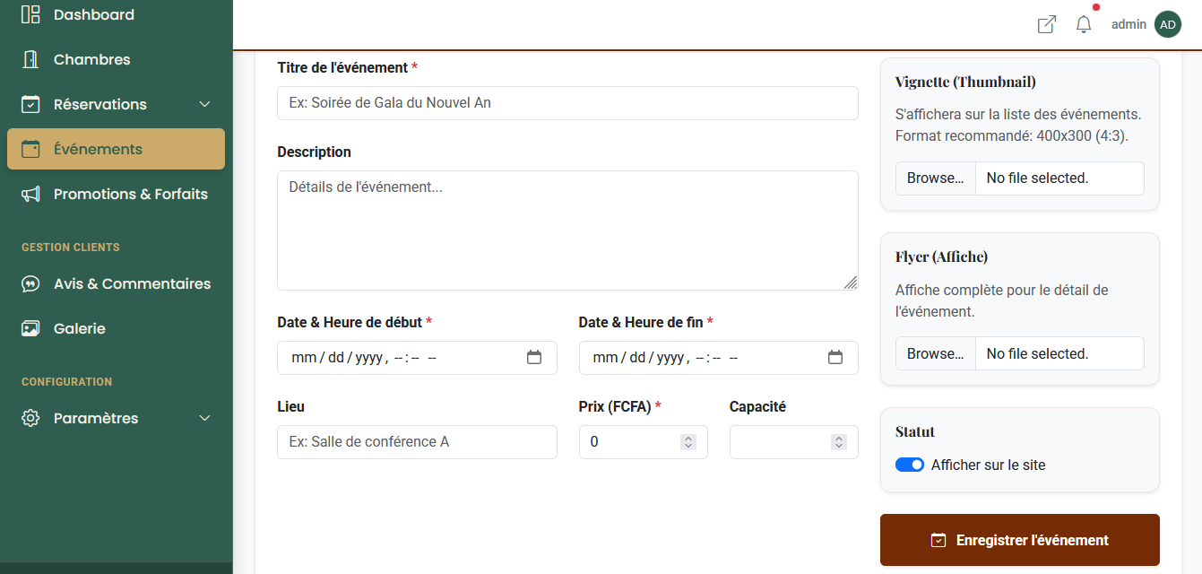 Application Hôtel:site vitrine, administration et réservation en ligne